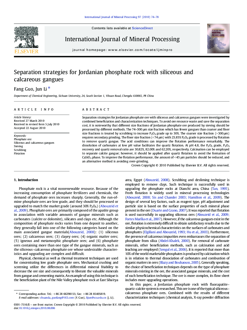 Separation strategies for Jordanian phosphate rock with siliceous and calcareous gangues