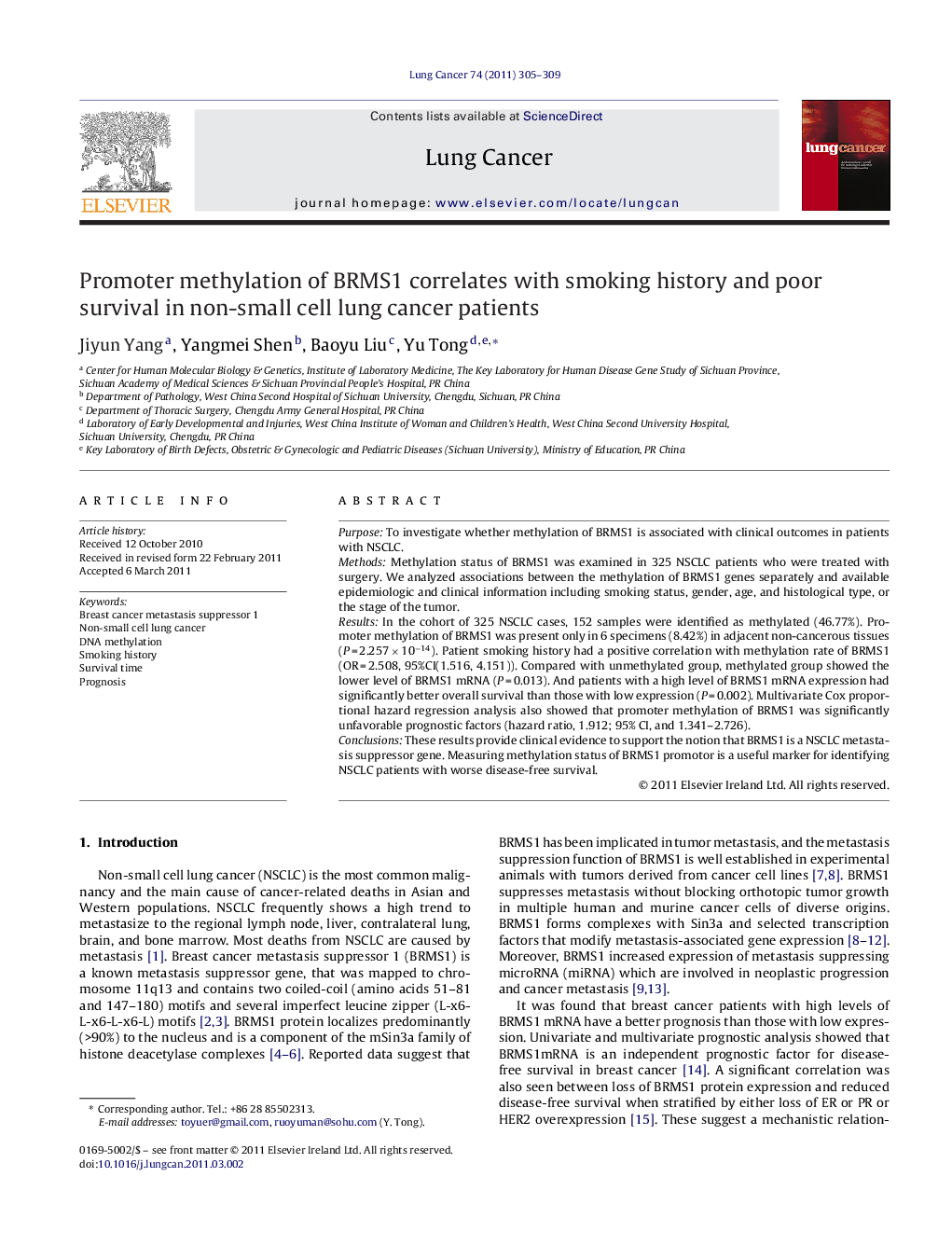 Promoter methylation of BRMS1 correlates with smoking history and poor survival in non-small cell lung cancer patients