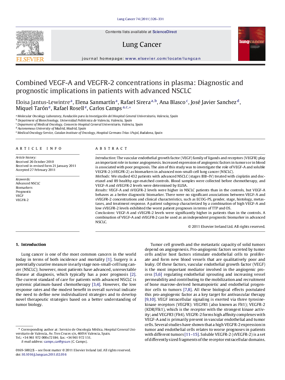 Combined VEGF-A and VEGFR-2 concentrations in plasma: Diagnostic and prognostic implications in patients with advanced NSCLC