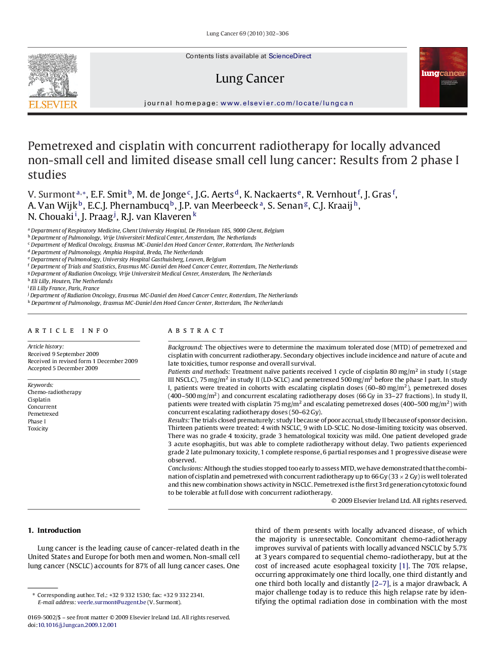 Pemetrexed and cisplatin with concurrent radiotherapy for locally advanced non-small cell and limited disease small cell lung cancer: Results from 2 phase I studies