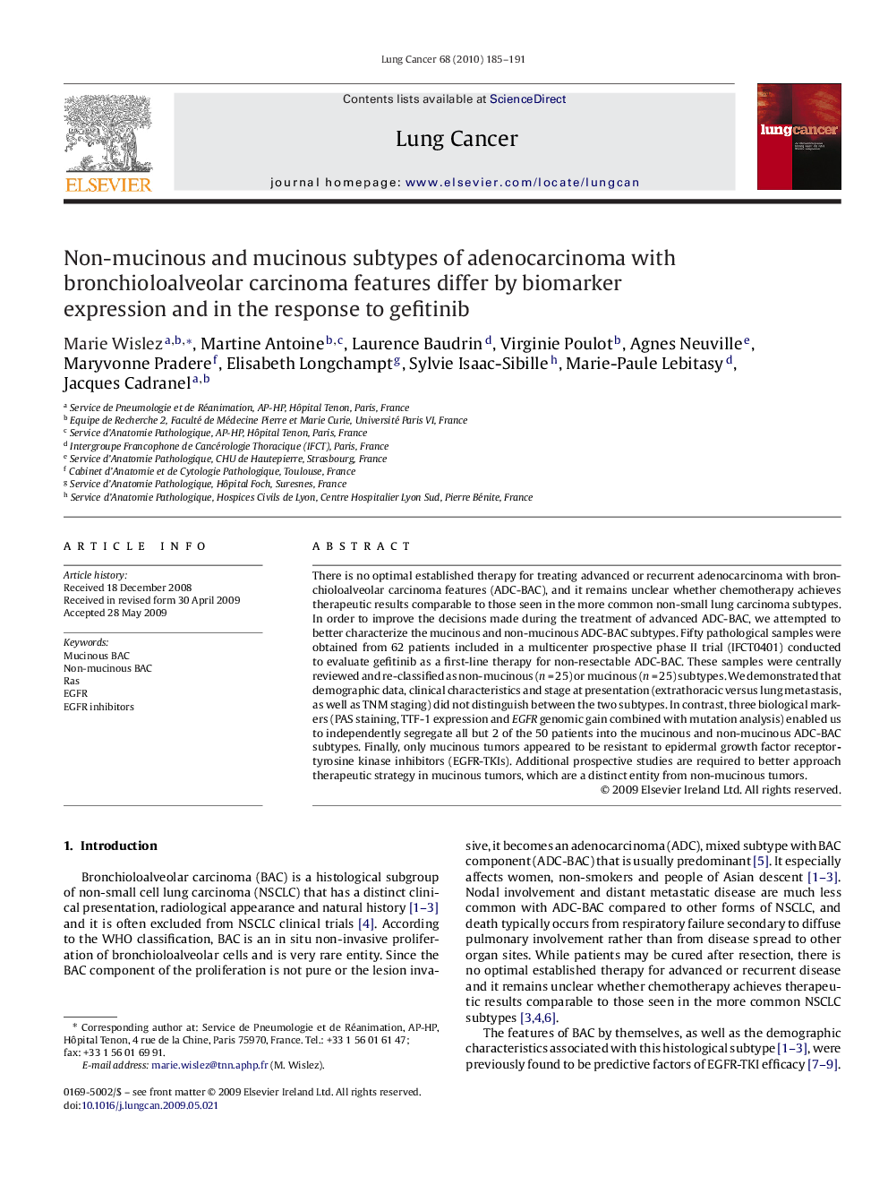 Non-mucinous and mucinous subtypes of adenocarcinoma with bronchioloalveolar carcinoma features differ by biomarker expression and in the response to gefitinib