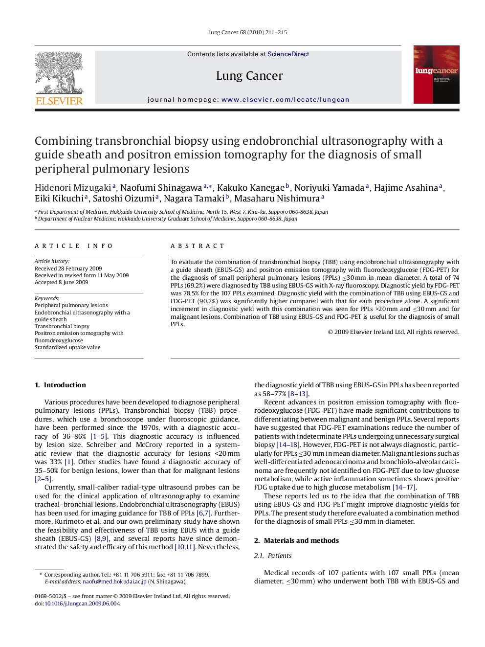 Combining transbronchial biopsy using endobronchial ultrasonography with a guide sheath and positron emission tomography for the diagnosis of small peripheral pulmonary lesions