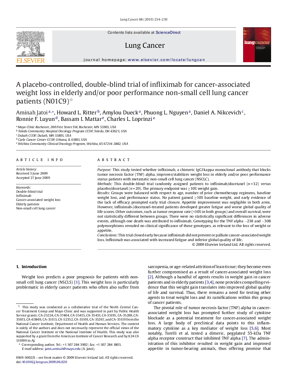 A placebo-controlled, double-blind trial of infliximab for cancer-associated weight loss in elderly and/or poor performance non-small cell lung cancer patients (N01C9) 