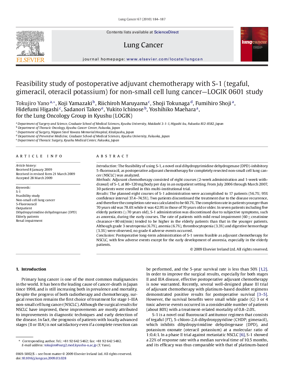 Feasibility study of postoperative adjuvant chemotherapy with S-1 (tegaful, gimeracil, oteracil potassium) for non-small cell lung cancer—LOGIK 0601 study