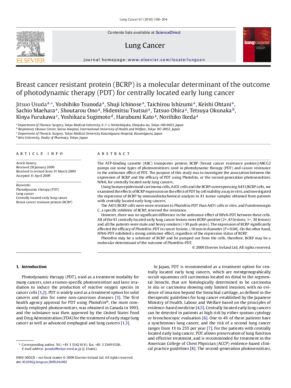 Breast cancer resistant protein (BCRP) is a molecular determinant of the outcome of photodynamic therapy (PDT) for centrally located early lung cancer