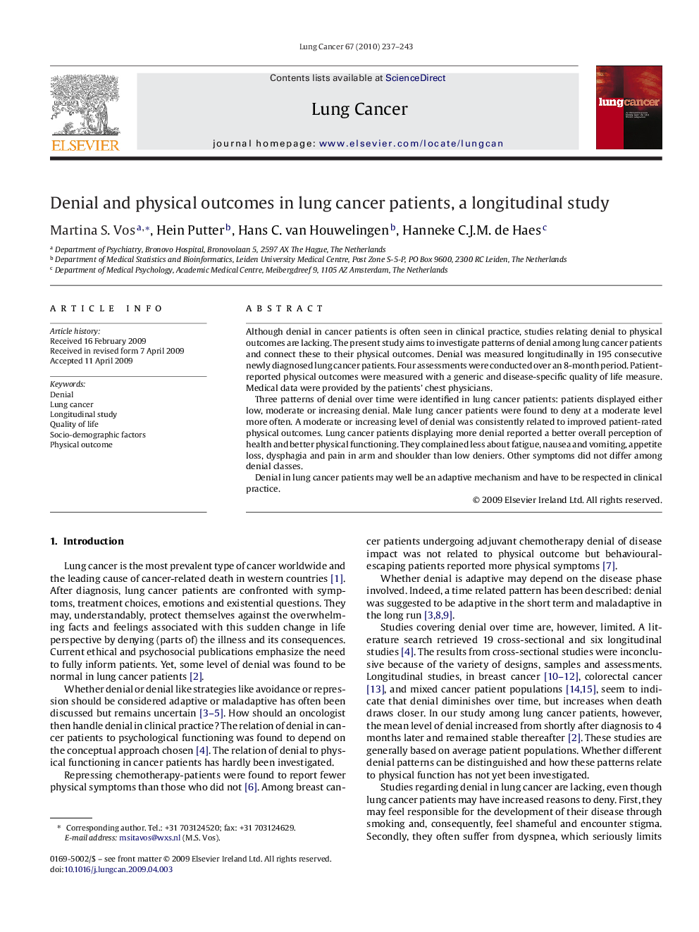 Denial and physical outcomes in lung cancer patients, a longitudinal study