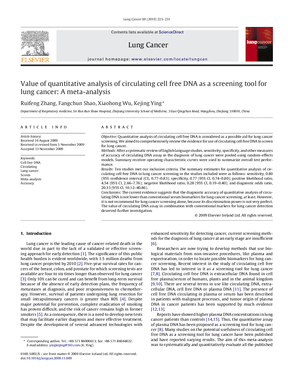 Value of quantitative analysis of circulating cell free DNA as a screening tool for lung cancer: A meta-analysis