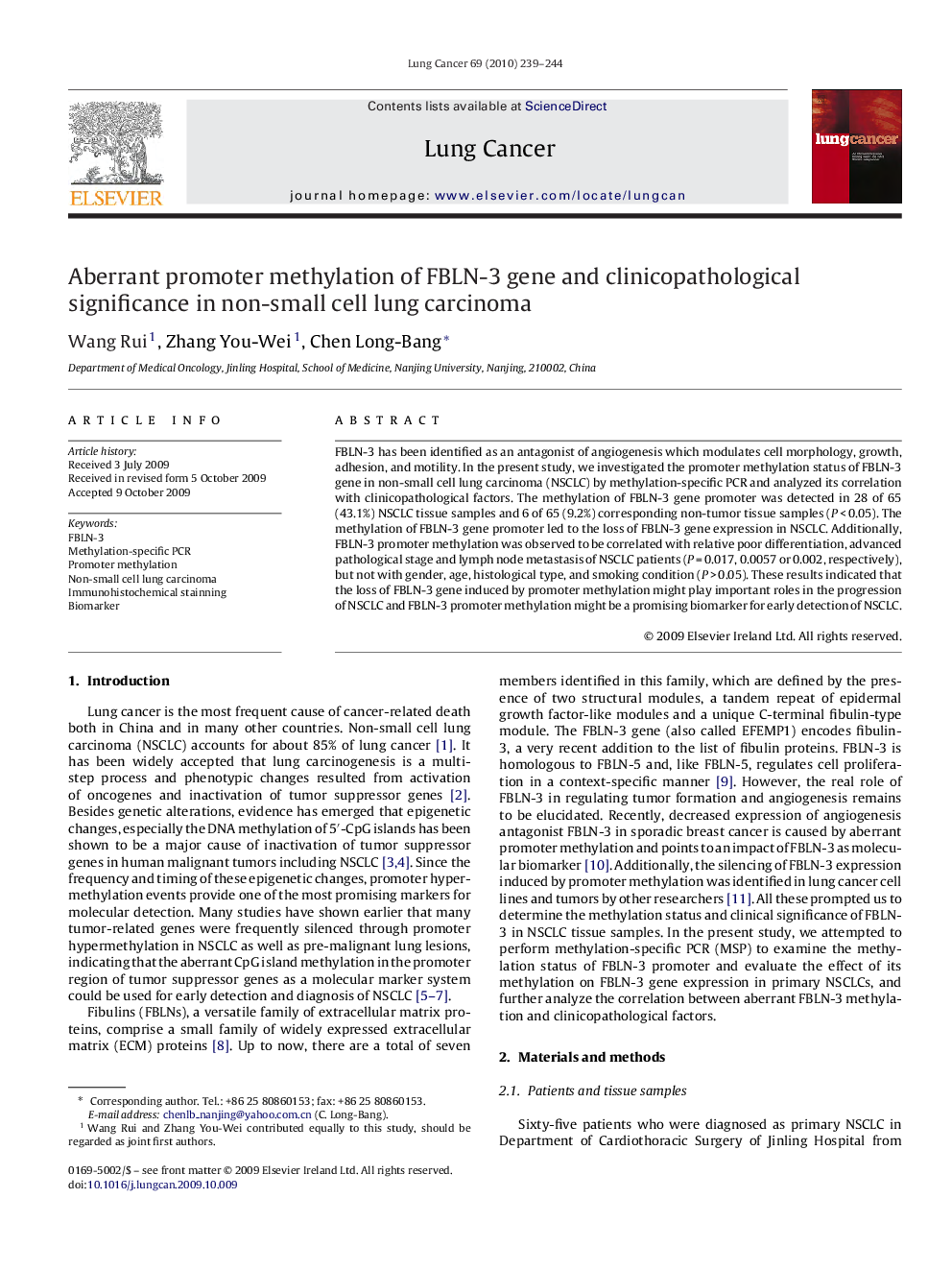 Aberrant promoter methylation of FBLN-3 gene and clinicopathological significance in non-small cell lung carcinoma