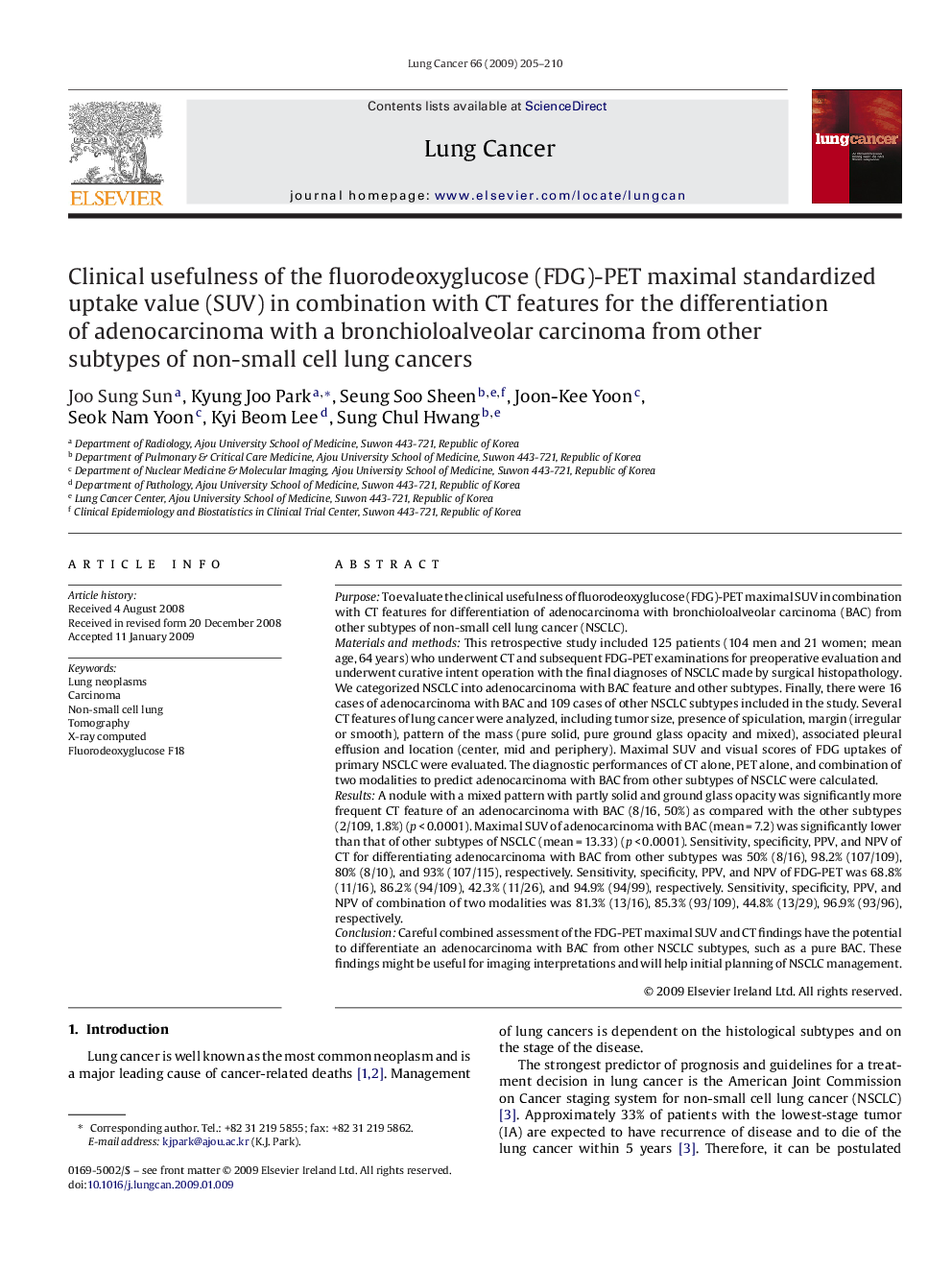 Clinical usefulness of the fluorodeoxyglucose (FDG)-PET maximal standardized uptake value (SUV) in combination with CT features for the differentiation of adenocarcinoma with a bronchioloalveolar carcinoma from other subtypes of non-small cell lung cancer