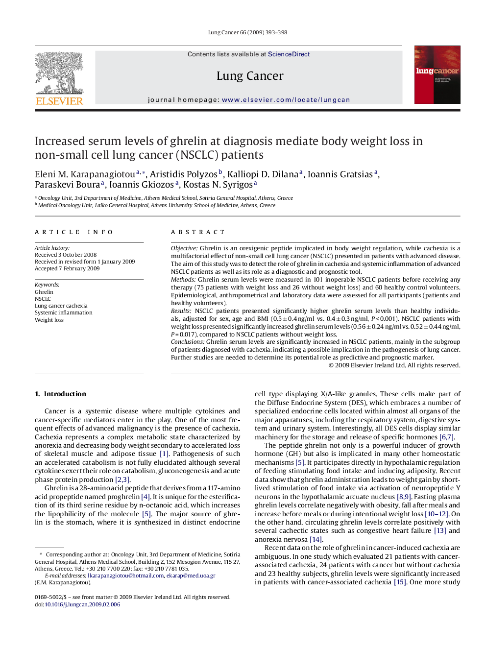 Increased serum levels of ghrelin at diagnosis mediate body weight loss in non-small cell lung cancer (NSCLC) patients