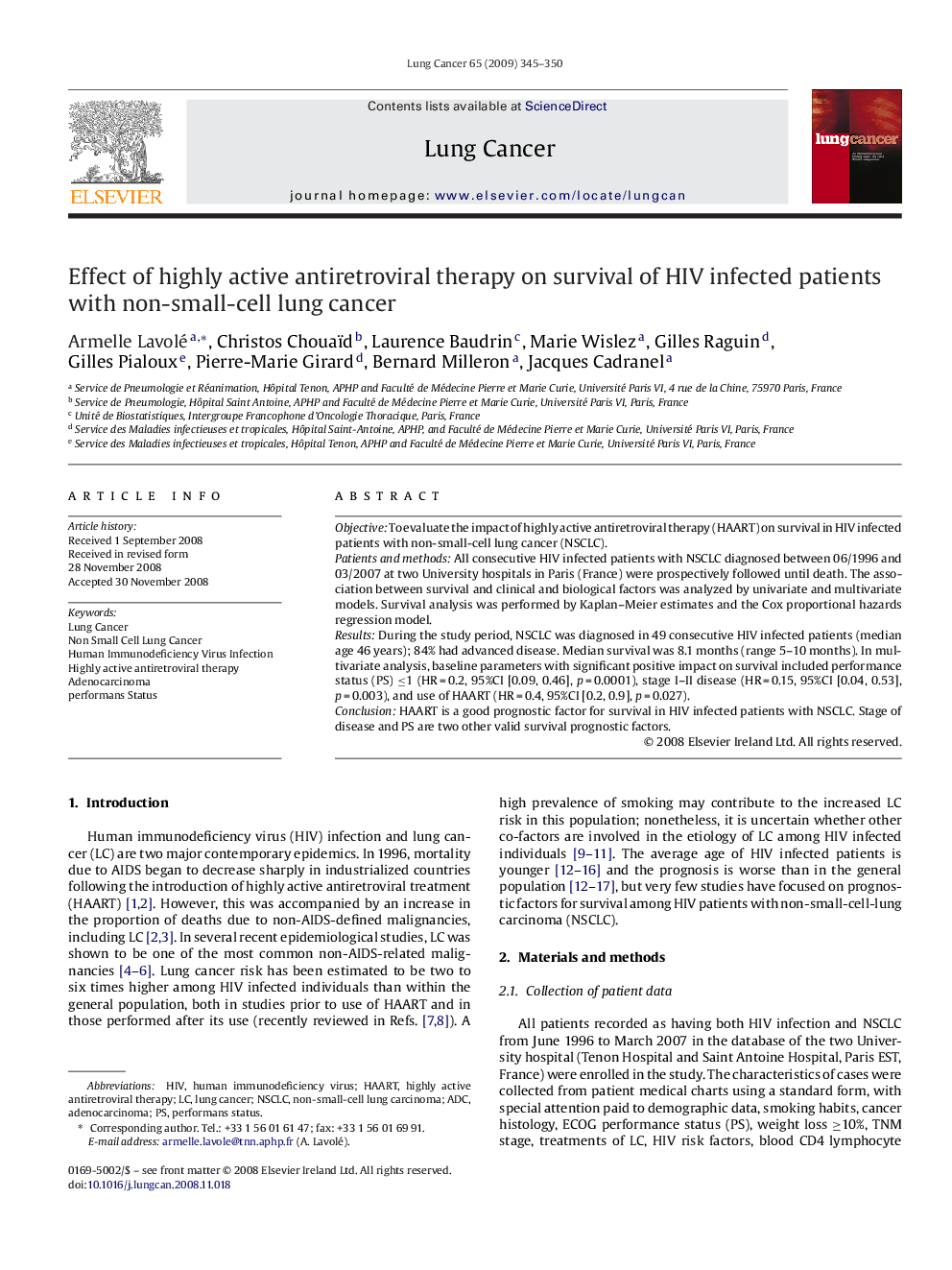 عکس صفحه اول مقاله: Effect of highly active antiretroviral therapy on survival of HIV infected patients with non-small-cell lung cancer Effect of highly active antiretroviral therapy on survival of HIV infected patients with non-small-cell lung cancer