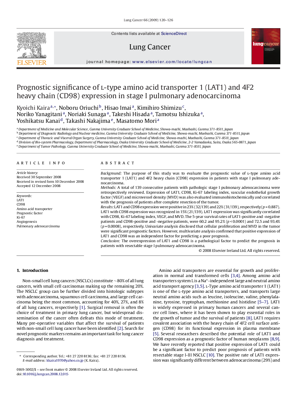 Prognostic significance of l-type amino acid transporter 1 (LAT1) and 4F2 heavy chain (CD98) expression in stage I pulmonary adenocarcinoma