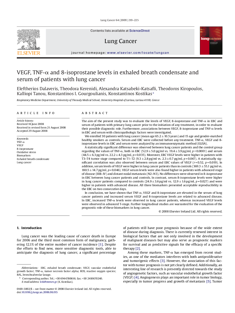 VEGF, TNF-α and 8-isoprostane levels in exhaled breath condensate and serum of patients with lung cancer