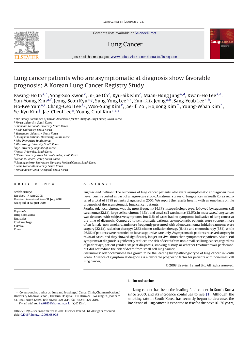 Lung cancer patients who are asymptomatic at diagnosis show favorable prognosis: A Korean Lung Cancer Registry Study