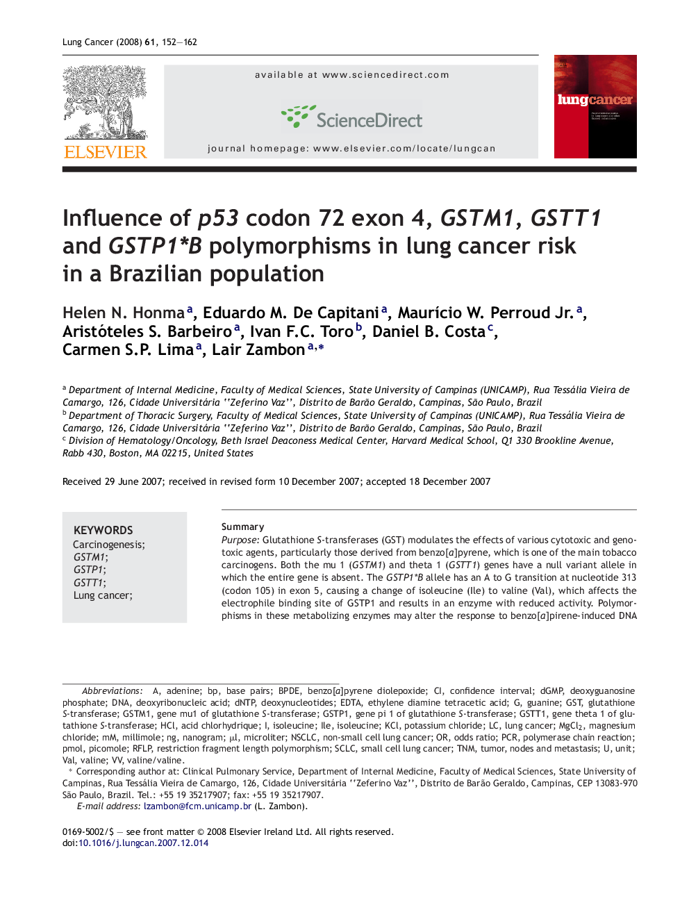 Influence of p53 codon 72 exon 4, GSTM1, GSTT1 and GSTP1*B polymorphisms in lung cancer risk in a Brazilian population