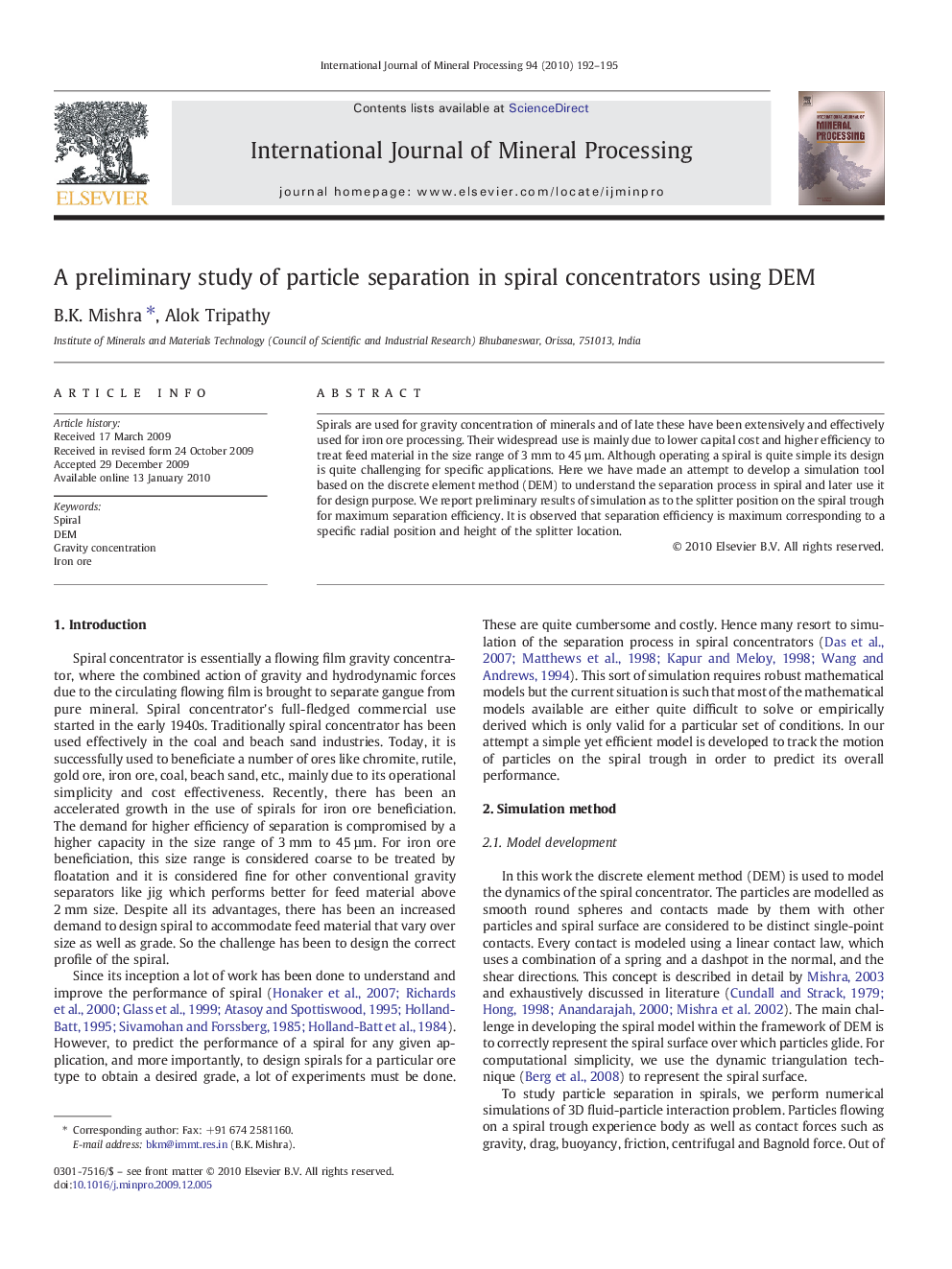 A preliminary study of particle separation in spiral concentrators using DEM