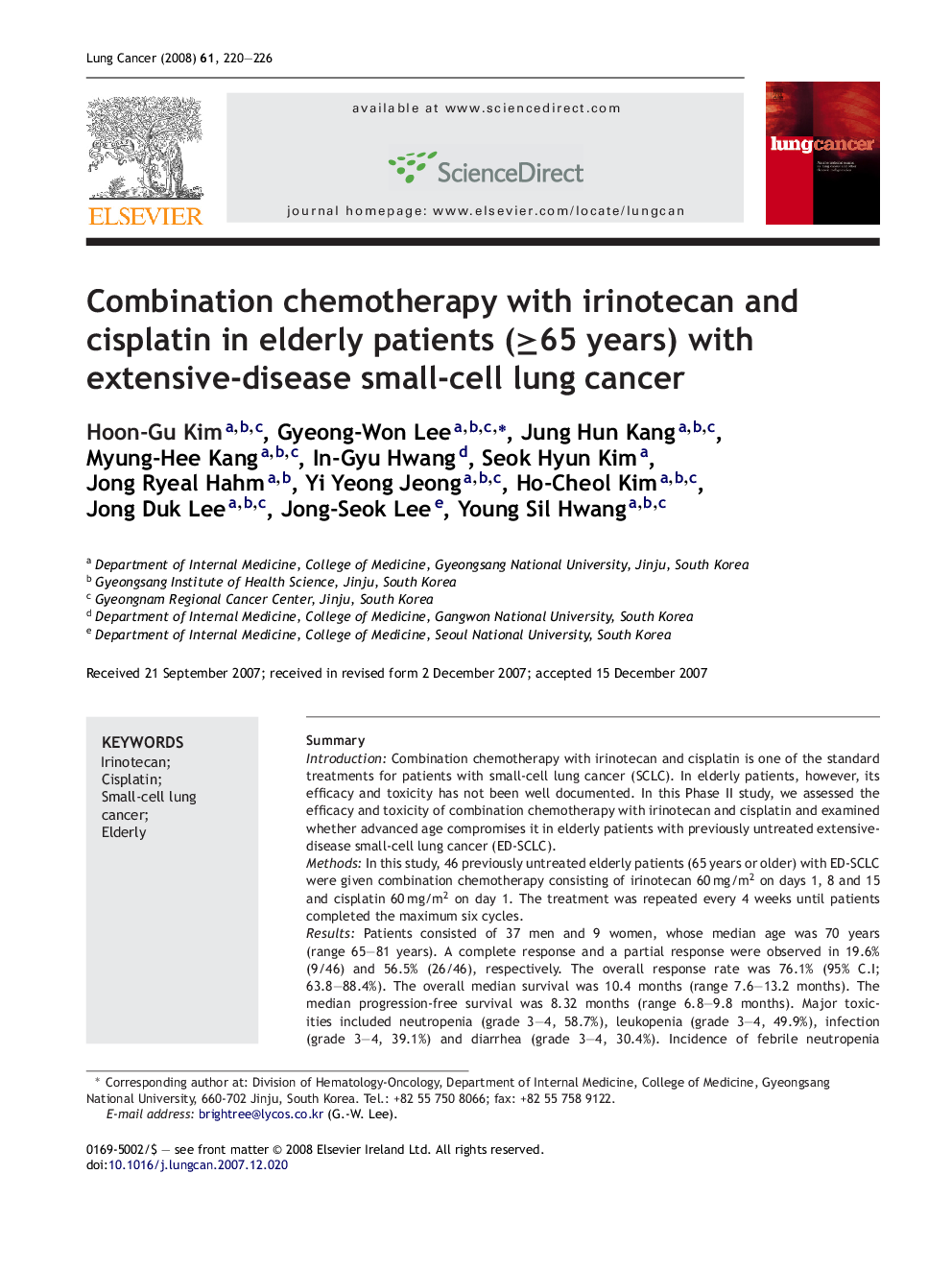 Combination chemotherapy with irinotecan and cisplatin in elderly patients (≥65 years) with extensive-disease small-cell lung cancer