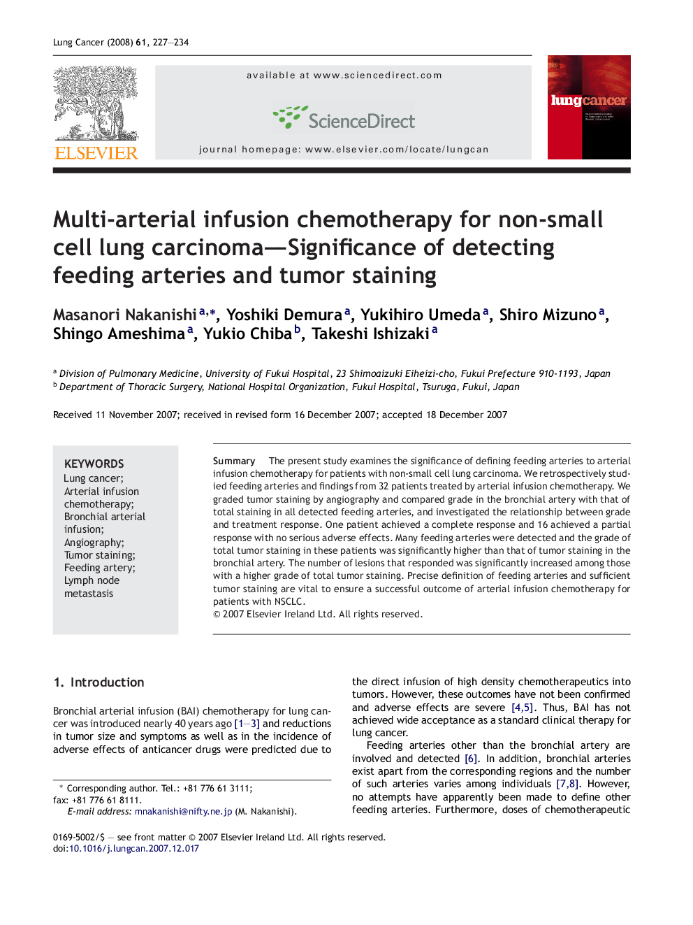 Multi-arterial infusion chemotherapy for non-small cell lung carcinoma-Significance of detecting feeding arteries and tumor staining