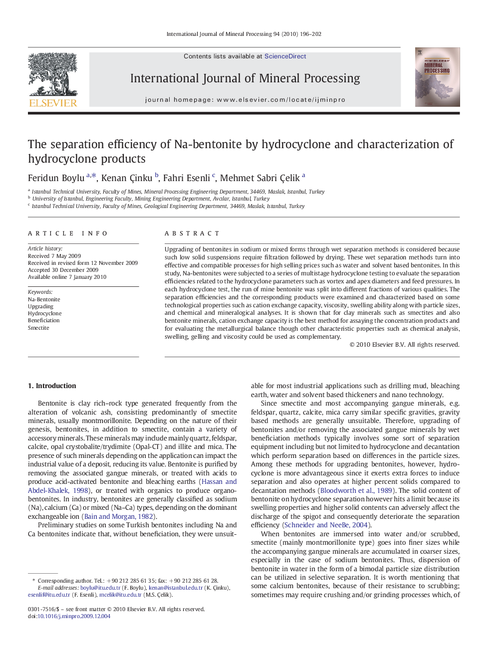 The separation efficiency of Na-bentonite by hydrocyclone and characterization of hydrocyclone products