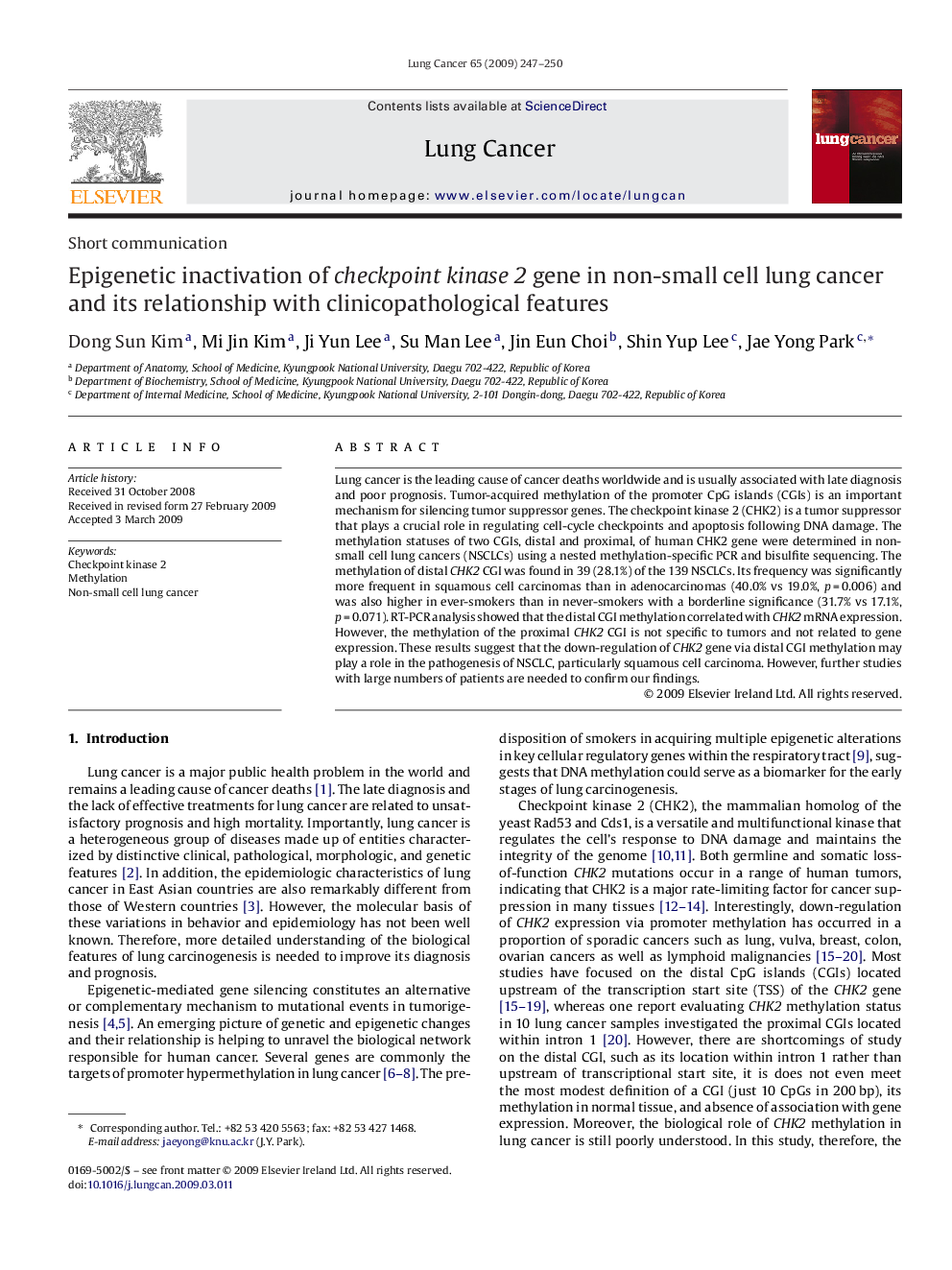 Epigenetic inactivation of checkpoint kinase 2 gene in non-small cell lung cancer and its relationship with clinicopathological features