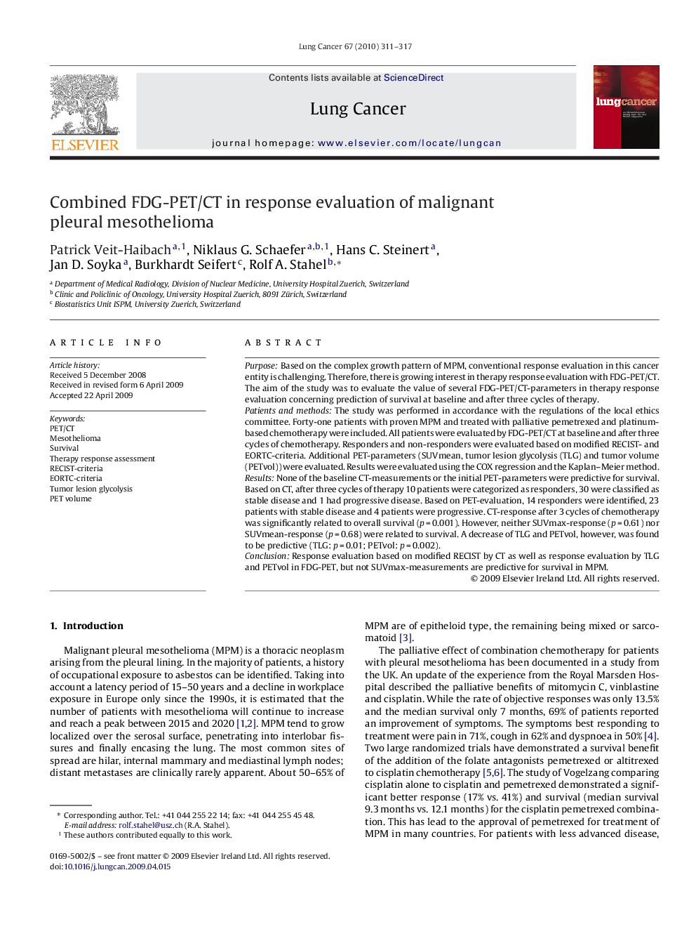 Combined FDG-PET/CT in response evaluation of malignant pleural mesothelioma