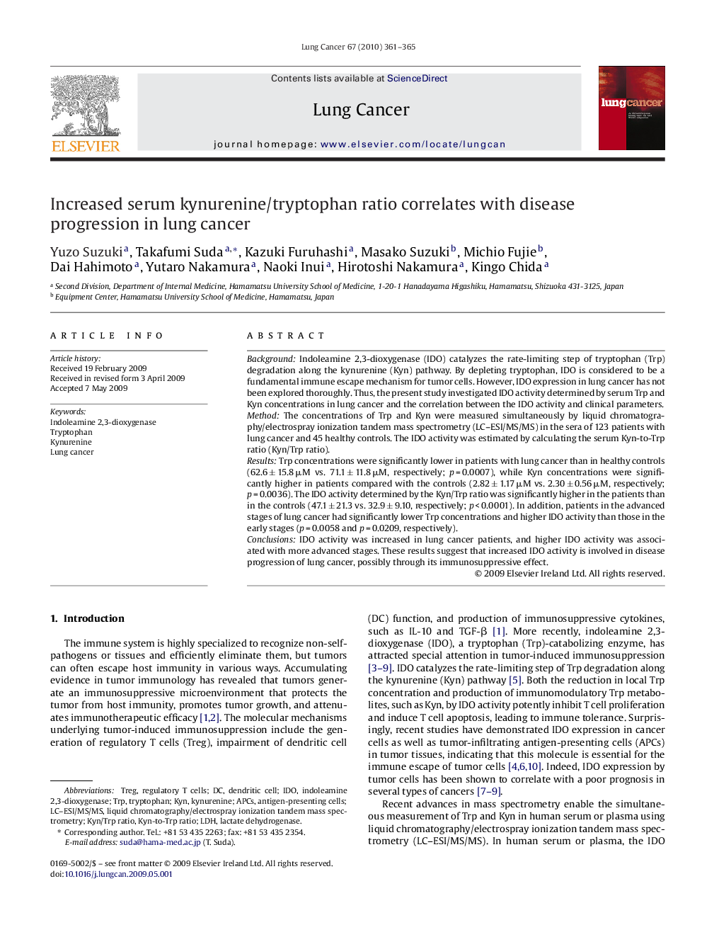 Increased serum kynurenine/tryptophan ratio correlates with disease progression in lung cancer