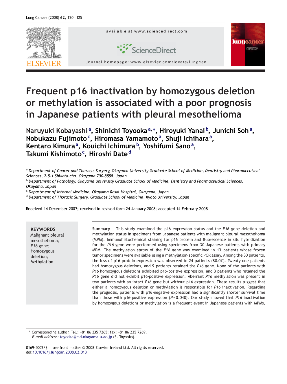 Frequent p16 inactivation by homozygous deletion or methylation is associated with a poor prognosis in Japanese patients with pleural mesothelioma