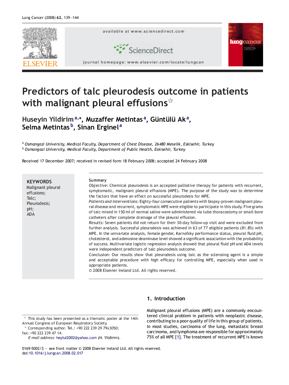 Predictors of talc pleurodesis outcome in patients with malignant pleural effusions 