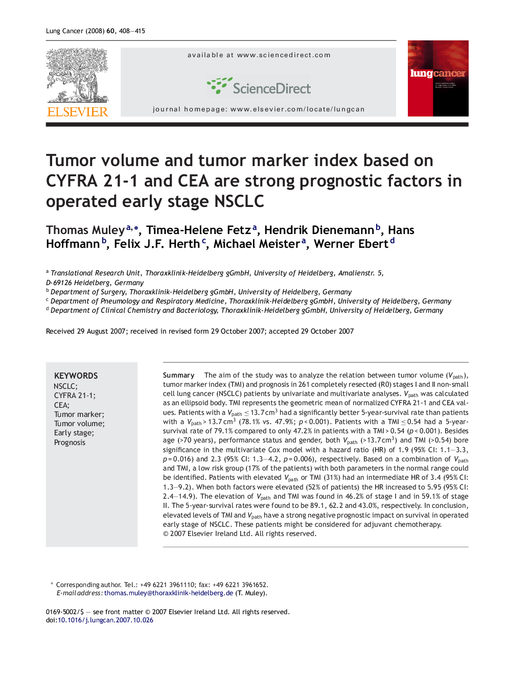 Tumor volume and tumor marker index based on CYFRA 21-1 and CEA are strong prognostic factors in operated early stage NSCLC