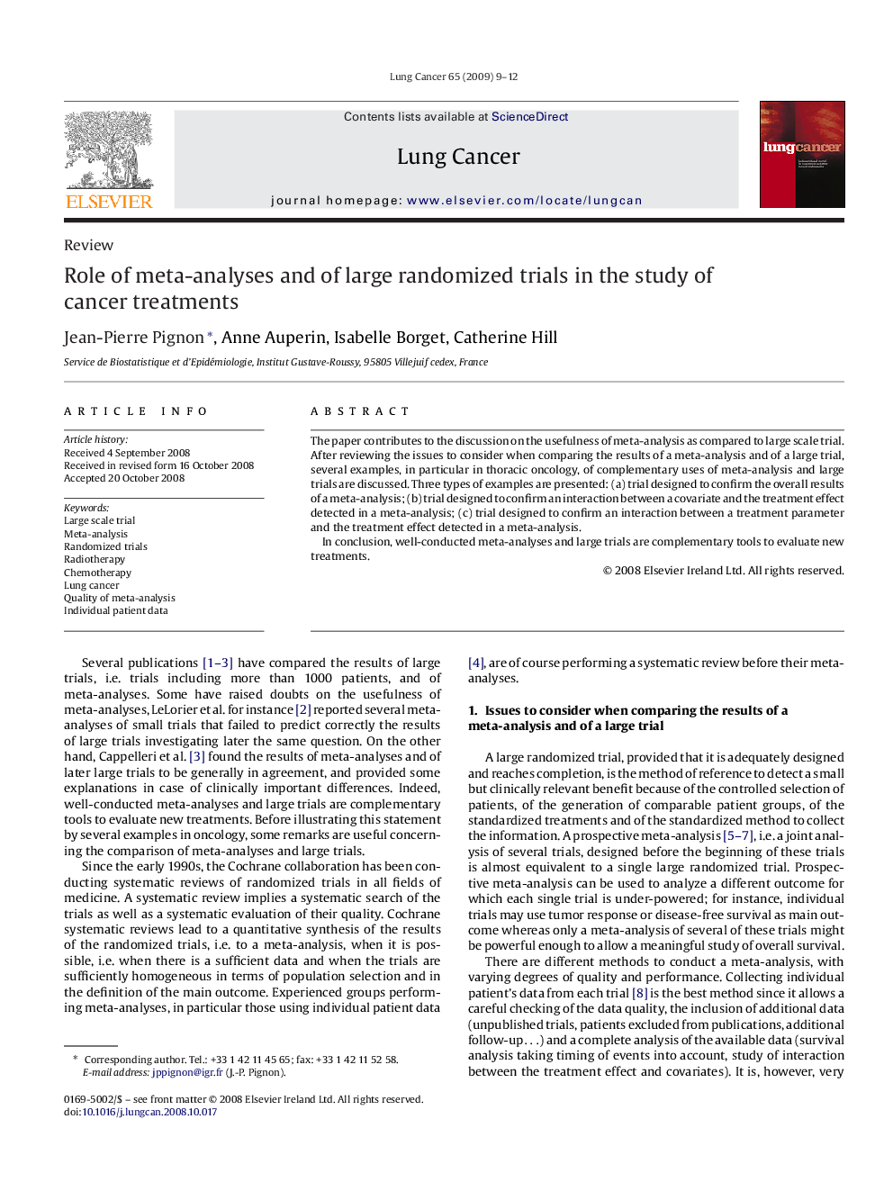 Role of meta-analyses and of large randomized trials in the study of cancer treatments