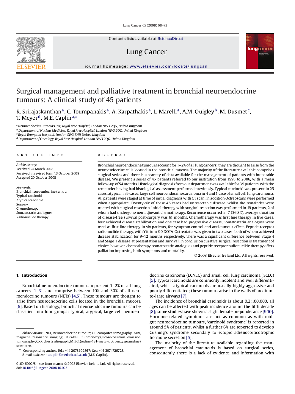 Surgical management and palliative treatment in bronchial neuroendocrine tumours: A clinical study of 45 patients