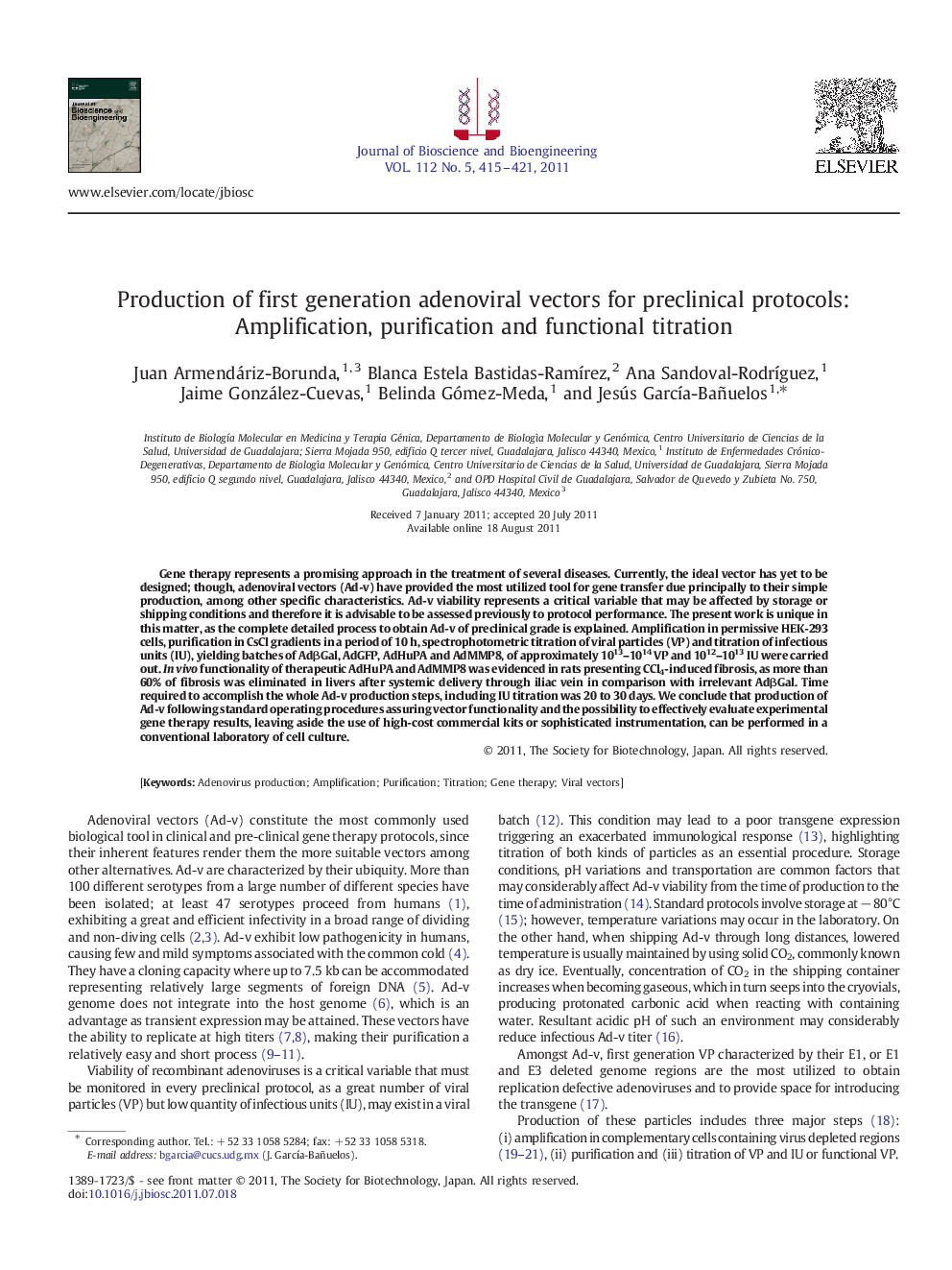 Production of first generation adenoviral vectors for preclinical protocols: Amplification, purification and functional titration