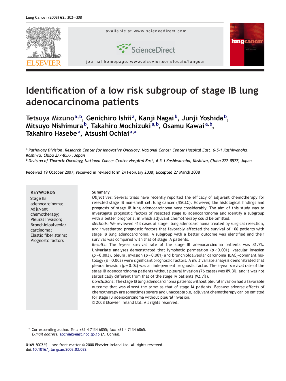 Identification of a low risk subgroup of stage IB lung adenocarcinoma patients