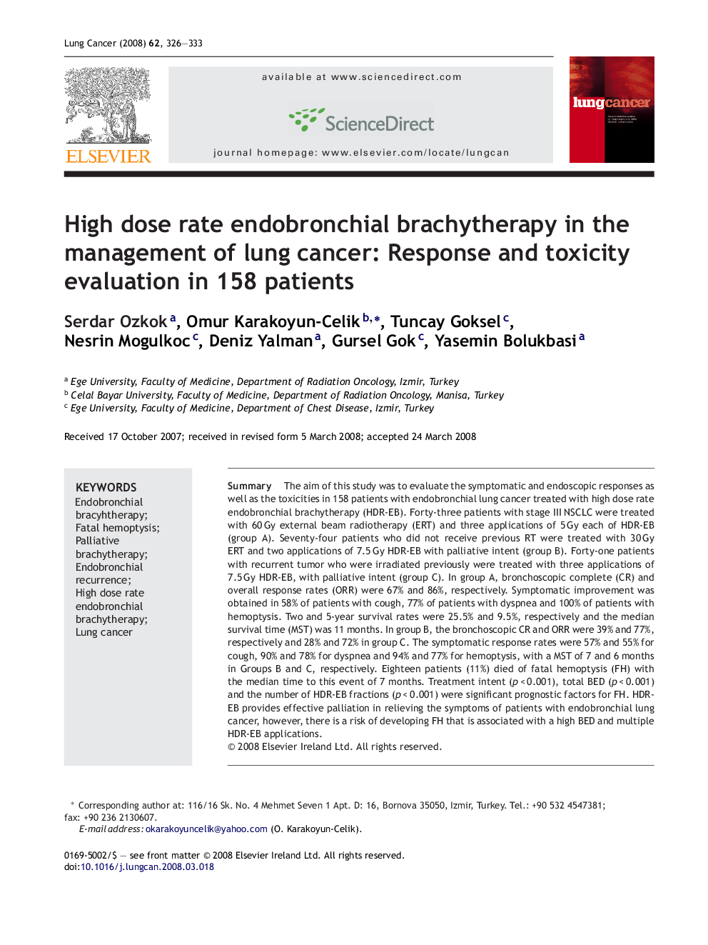 High dose rate endobronchial brachytherapy in the management of lung cancer: Response and toxicity evaluation in 158 patients