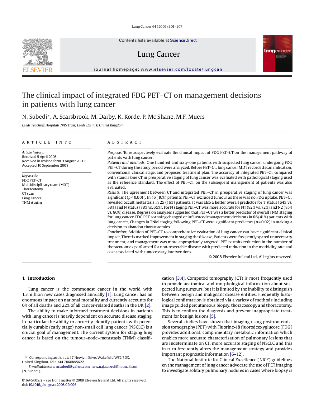 The clinical impact of integrated FDG PET–CT on management decisions in patients with lung cancer