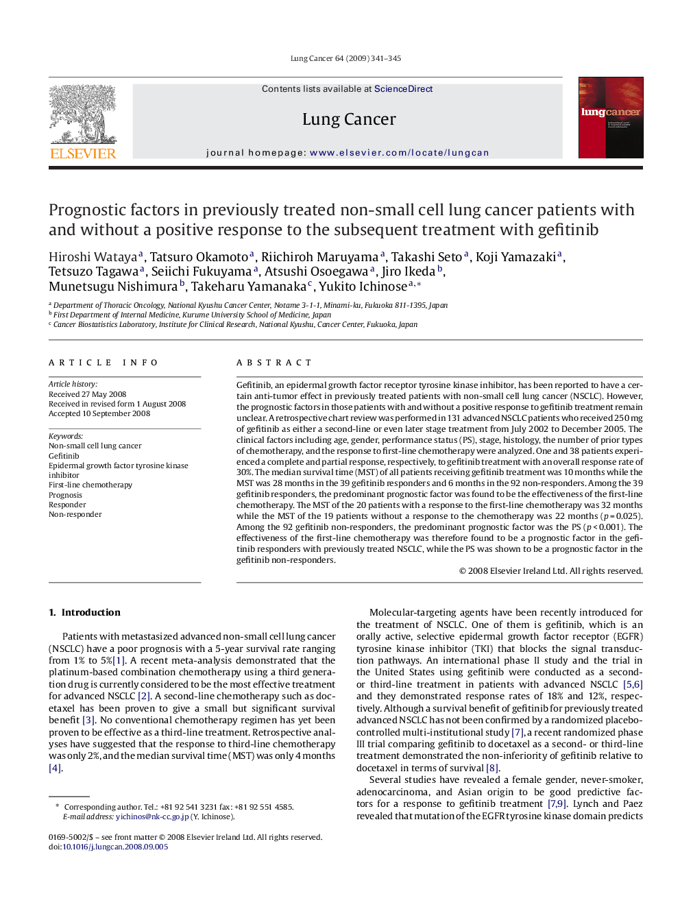 Prognostic factors in previously treated non-small cell lung cancer patients with and without a positive response to the subsequent treatment with gefitinib