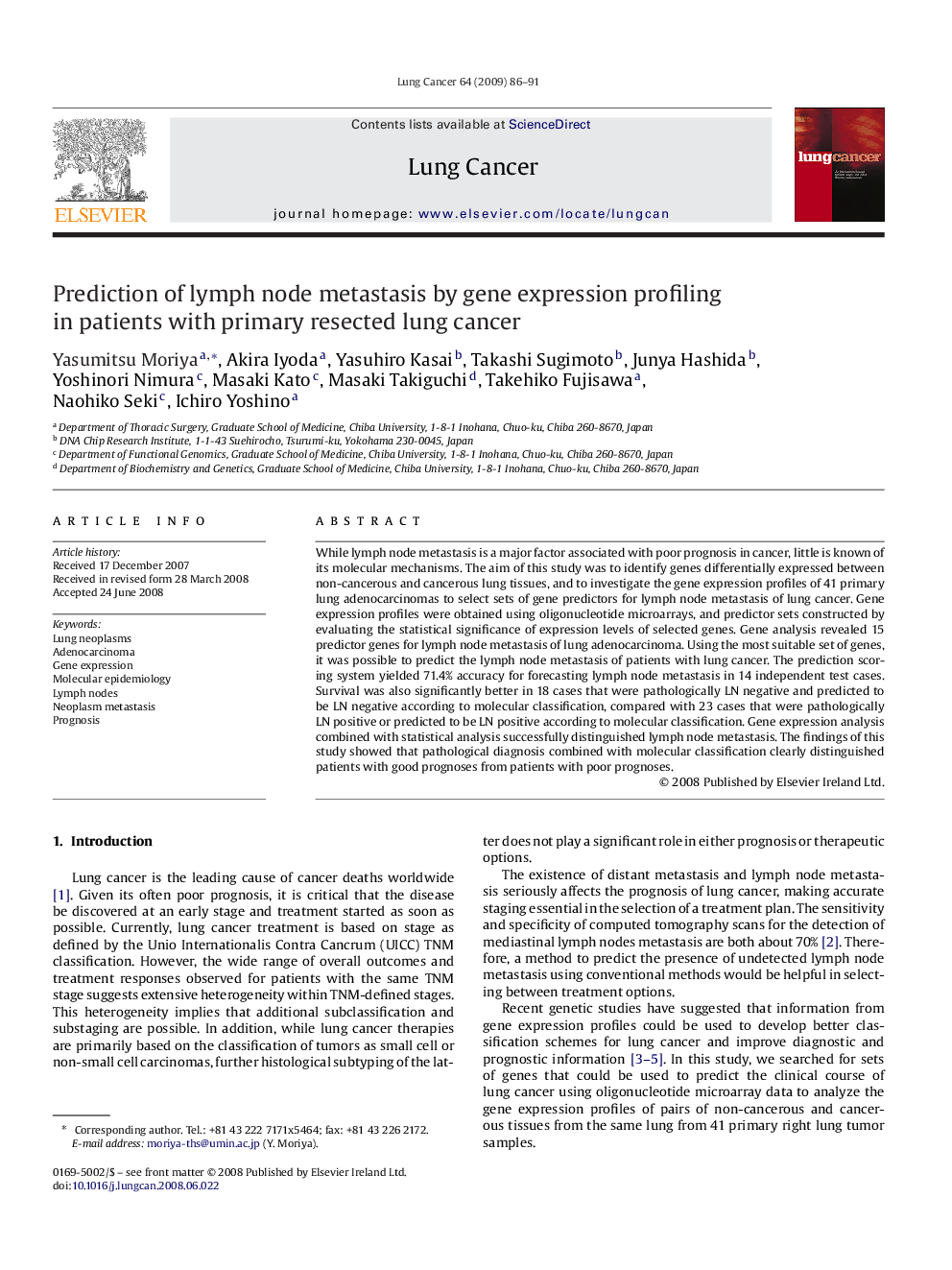 Prediction of lymph node metastasis by gene expression profiling in patients with primary resected lung cancer