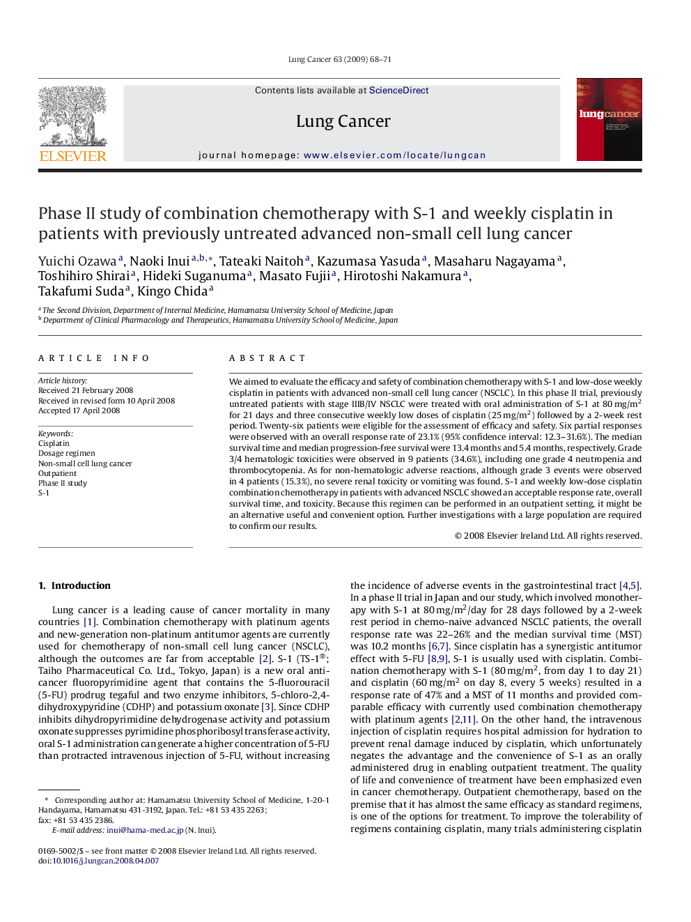 Phase II study of combination chemotherapy with S-1 and weekly cisplatin in patients with previously untreated advanced non-small cell lung cancer