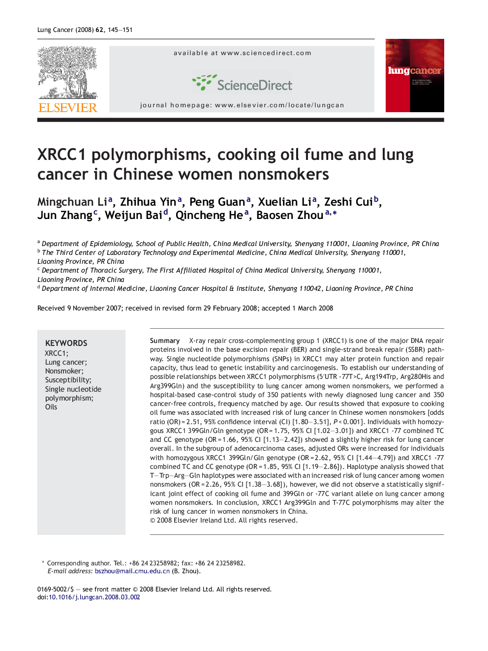 XRCC1 polymorphisms, cooking oil fume and lung cancer in Chinese women nonsmokers