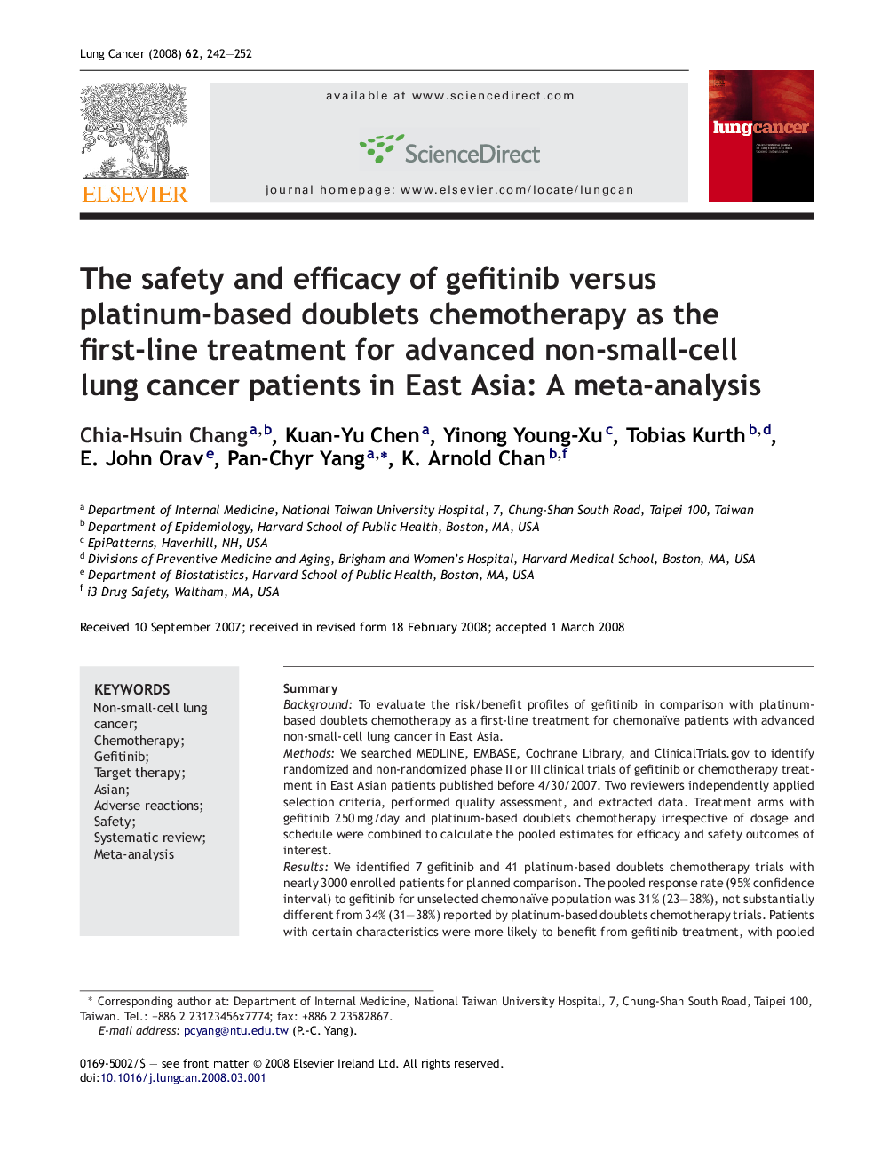 The safety and efficacy of gefitinib versus platinum-based doublets chemotherapy as the first-line treatment for advanced non-small-cell lung cancer patients in East Asia: A meta-analysis