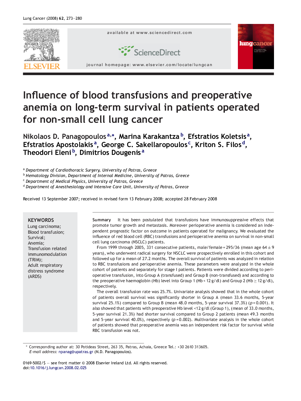 Influence of blood transfusions and preoperative anemia on long-term survival in patients operated for non-small cell lung cancer