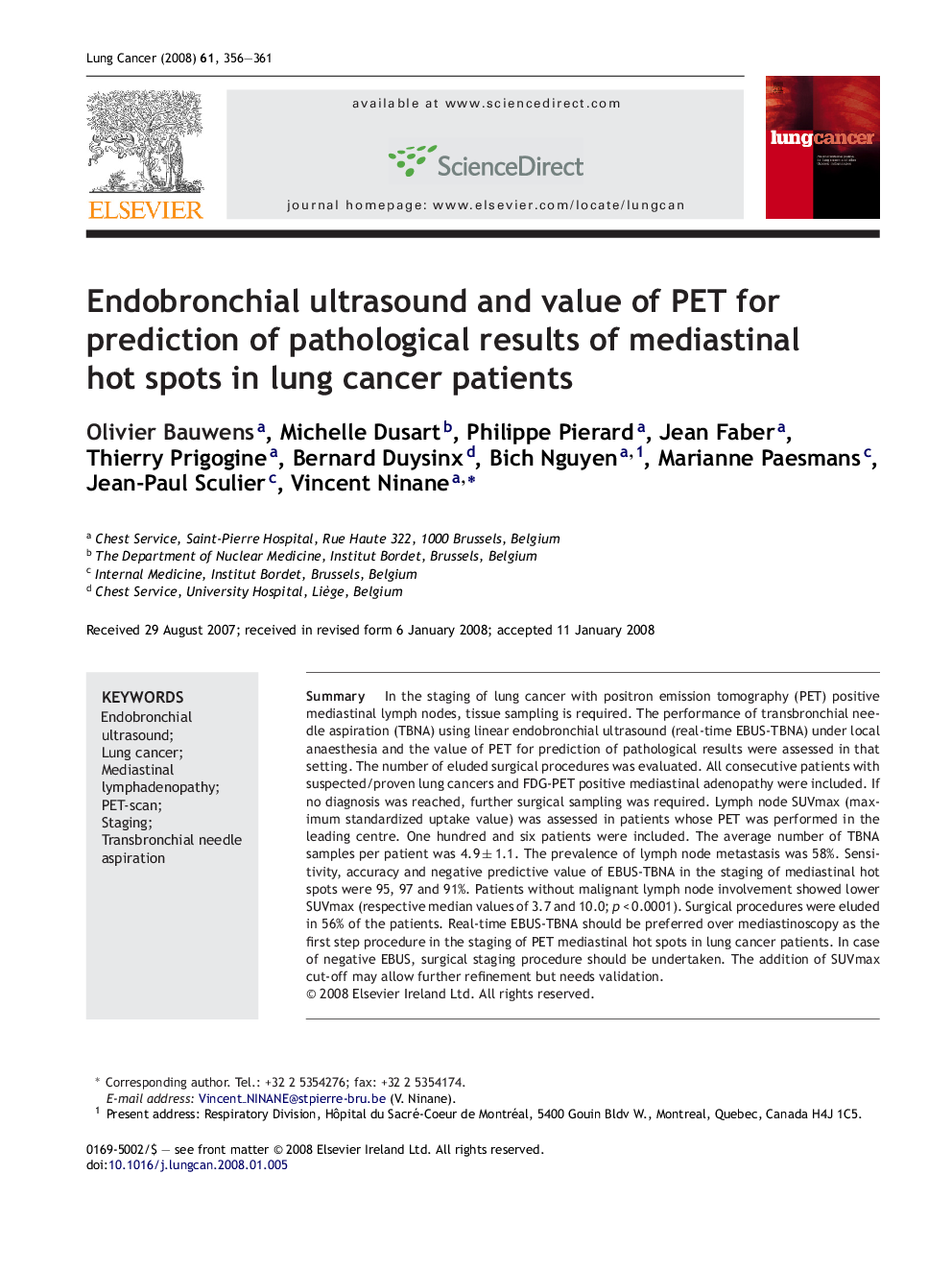 Endobronchial ultrasound and value of PET for prediction of pathological results of mediastinal hot spots in lung cancer patients