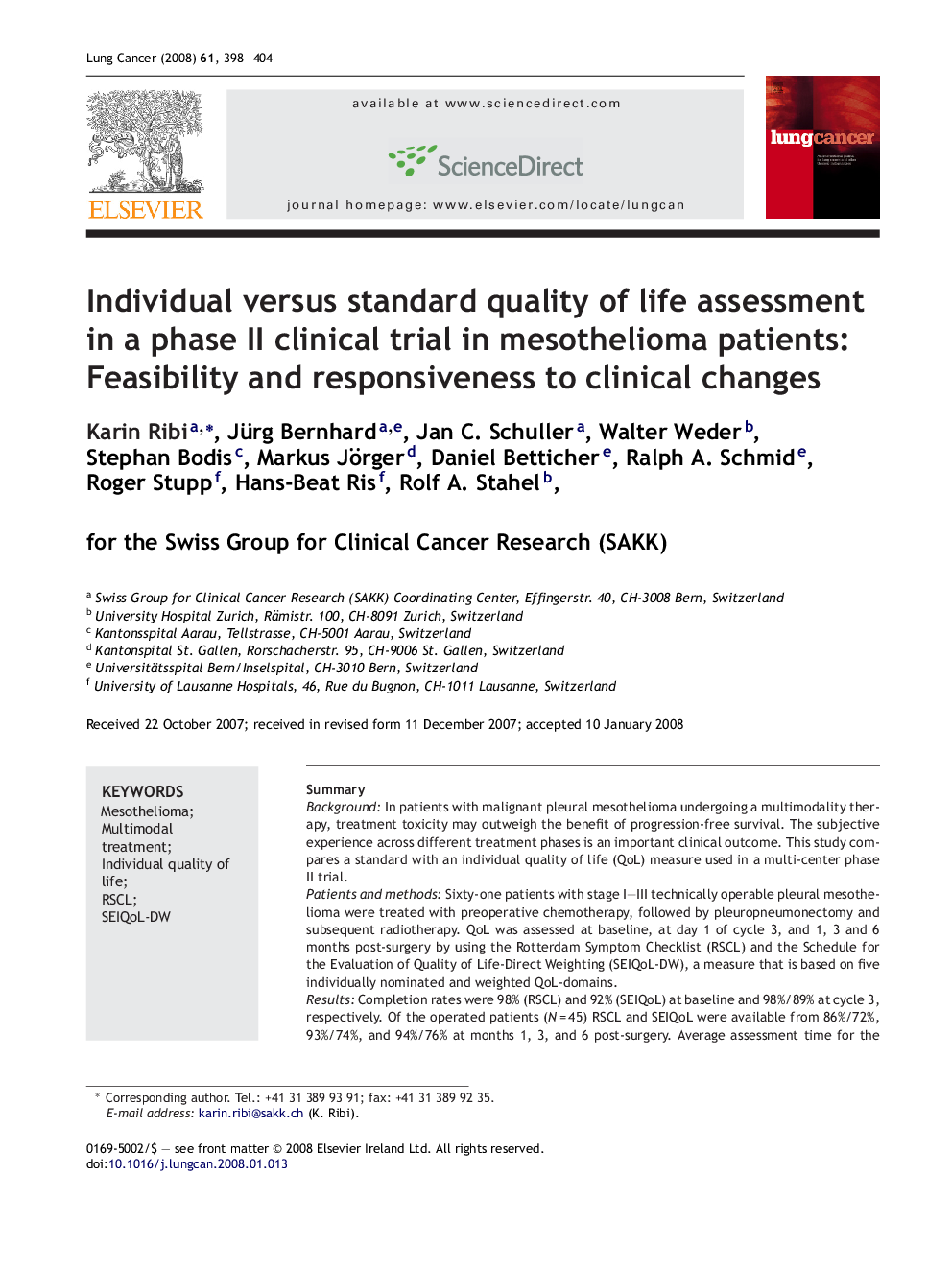 Individual versus standard quality of life assessment in a phase II clinical trial in mesothelioma patients: Feasibility and responsiveness to clinical changes