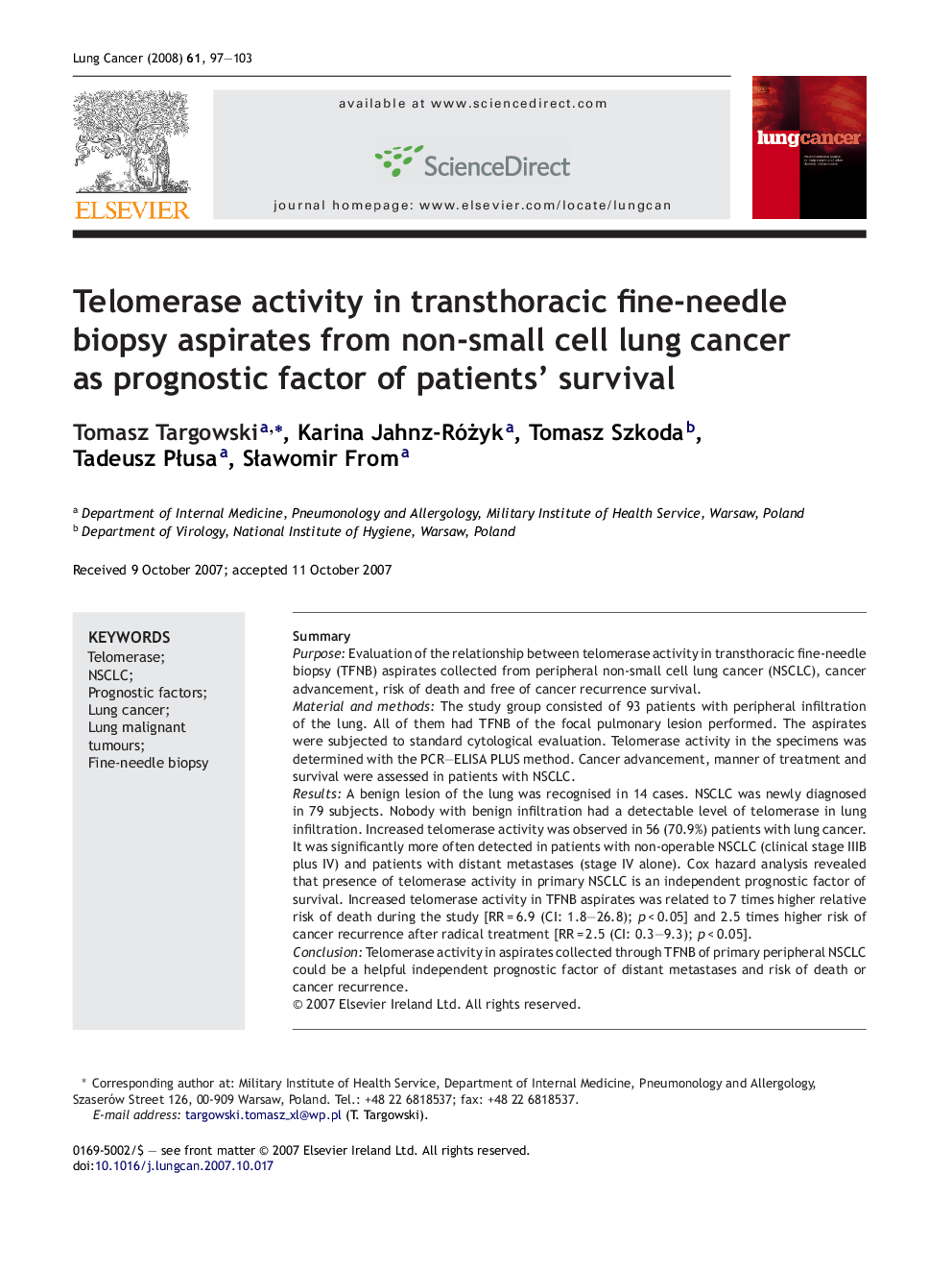 Telomerase activity in transthoracic fine-needle biopsy aspirates from non-small cell lung cancer as prognostic factor of patients' survival