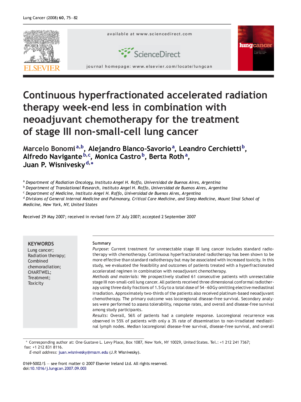 Continuous hyperfractionated accelerated radiation therapy week-end less in combination with neoadjuvant chemotherapy for the treatment of stage III non-small-cell lung cancer