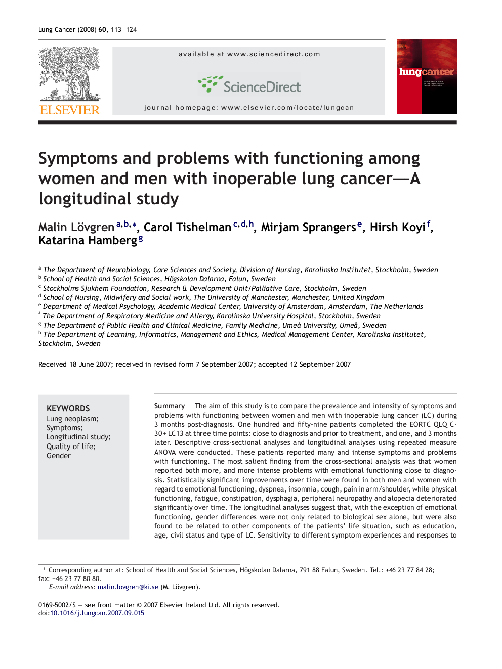 Symptoms and problems with functioning among women and men with inoperable lung cancer—A longitudinal study