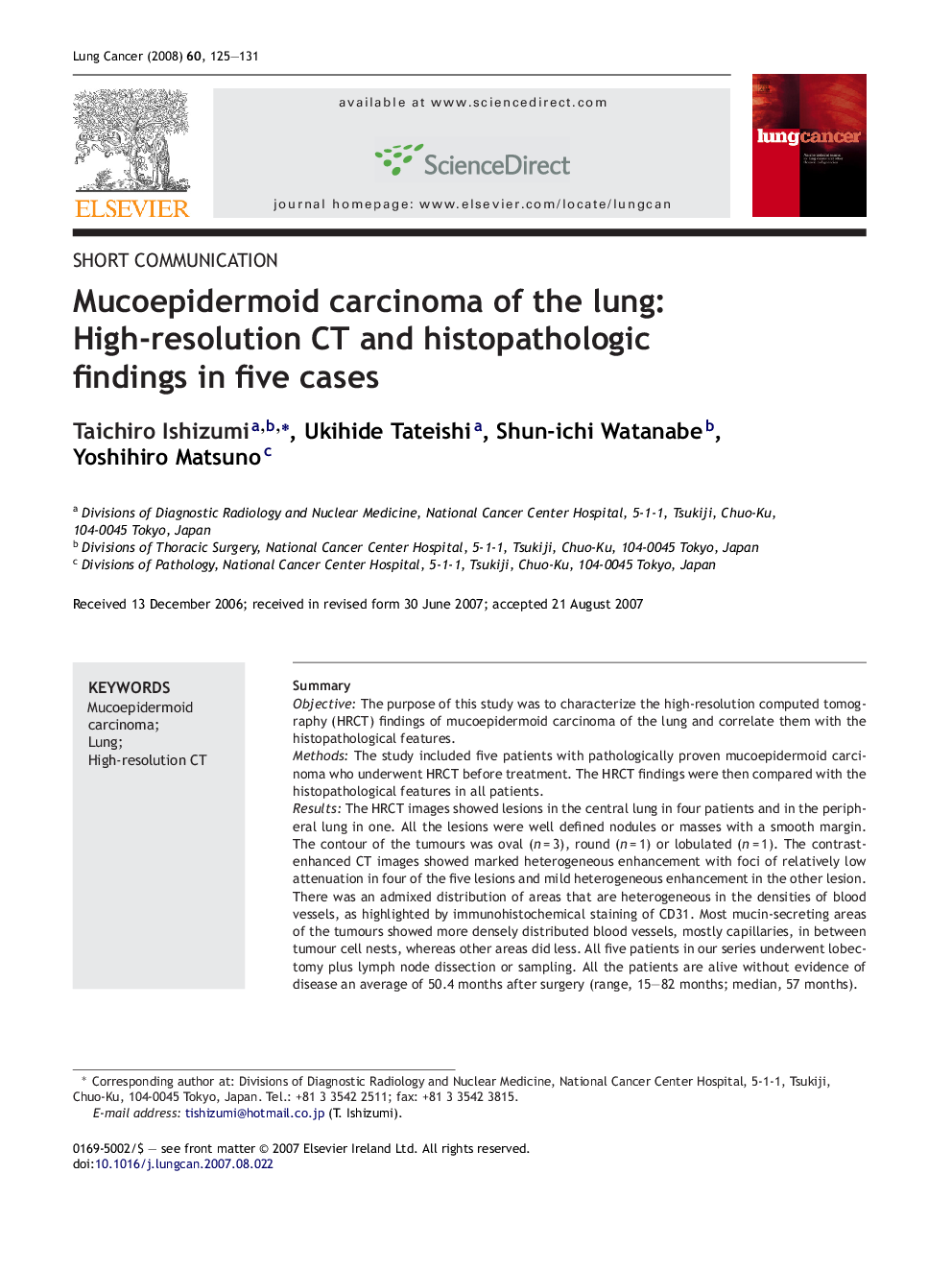 Mucoepidermoid carcinoma of the lung: High-resolution CT and histopathologic findings in five cases