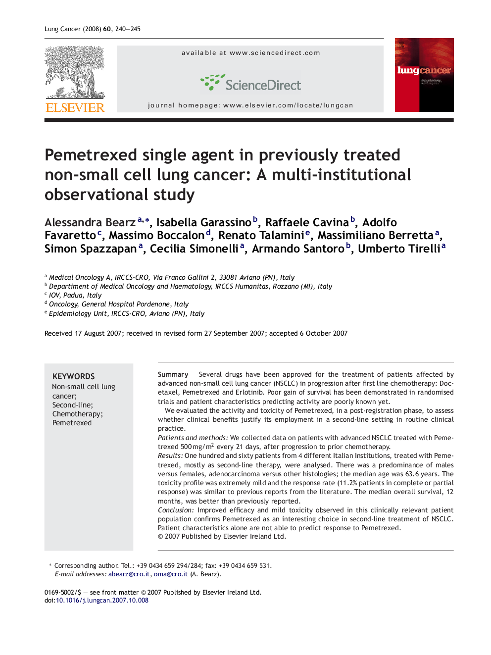 Pemetrexed single agent in previously treated non-small cell lung cancer: A multi-institutional observational study