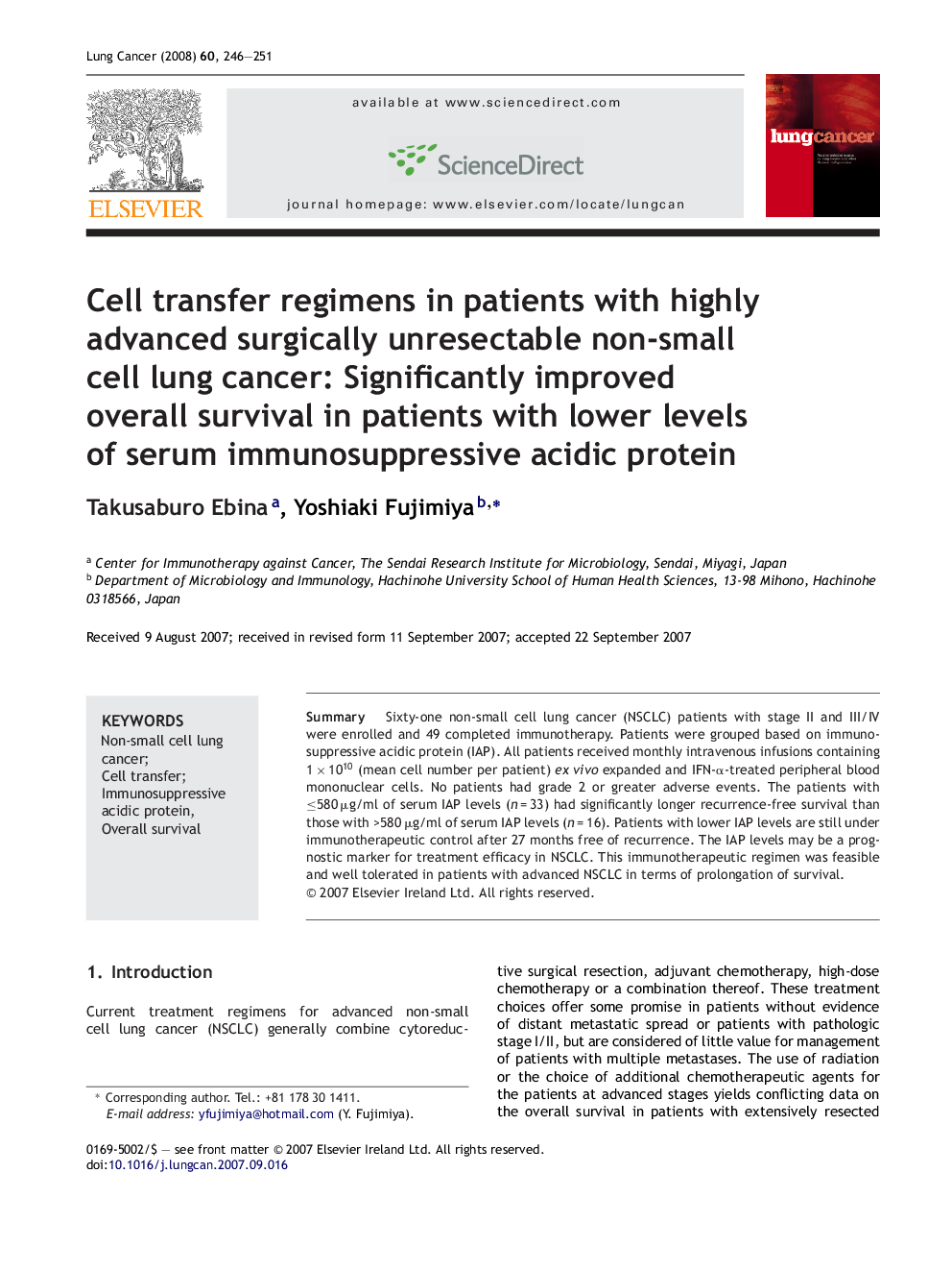 Cell transfer regimens in patients with highly advanced surgically unresectable non-small cell lung cancer: Significantly improved overall survival in patients with lower levels of serum immunosuppressive acidic protein