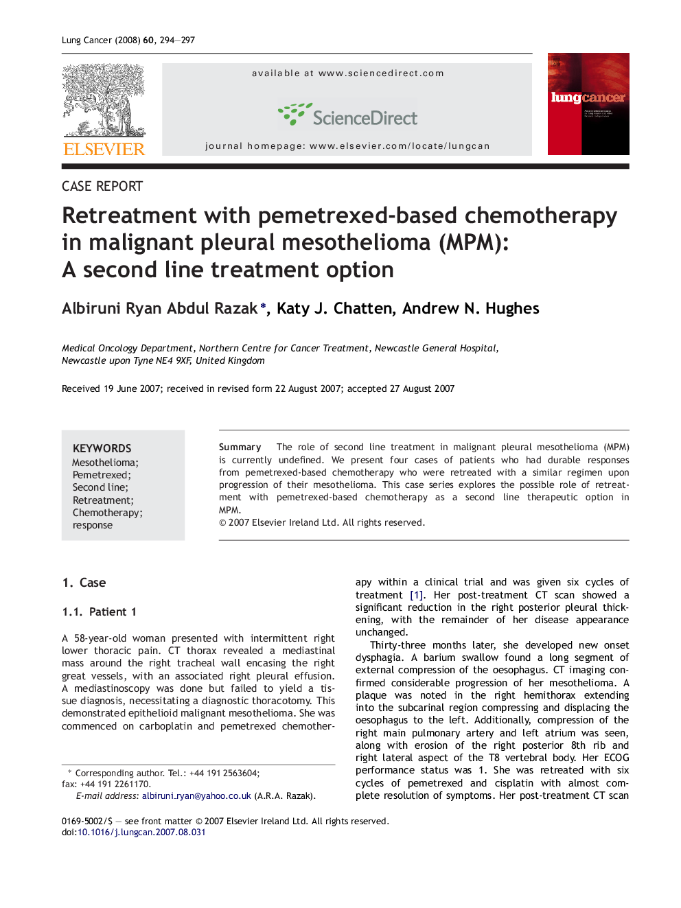 Retreatment with pemetrexed-based chemotherapy in malignant pleural mesothelioma (MPM): A second line treatment option